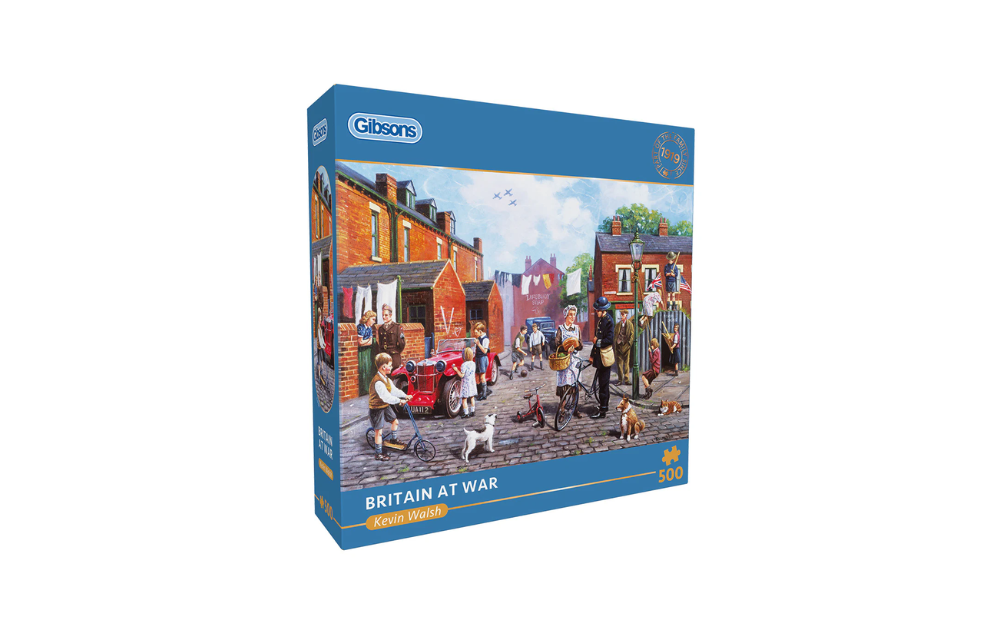 Gibsons Britain at War jigsaw puzzle featuring a historic street scene with people and animals