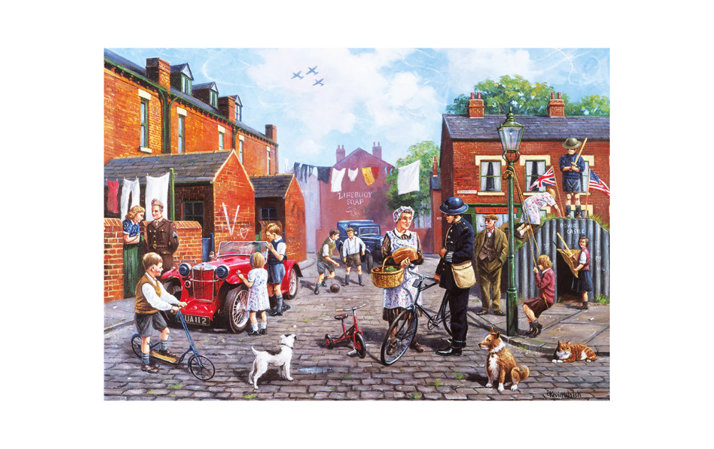 Gibsons Britain at War jigsaw depicting a quaint street scene with people, bicycles, and vintage cars