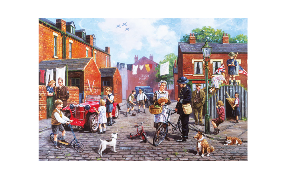 Britain at War puzzle 100XXL featuring a busy street scene with children and vintage cars