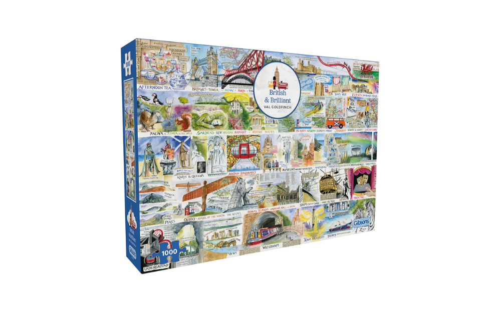 Gibsons British jigsaw puzzle 1000 pieces featuring a colourful collage of iconic UK landmarks and seaside scenes