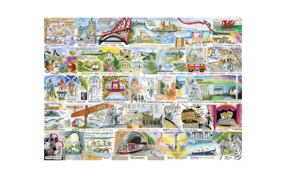 Gibsons illustrated collage of UK landmarks and scenes colourful map style British jigsaw puzzle 1000 pieces