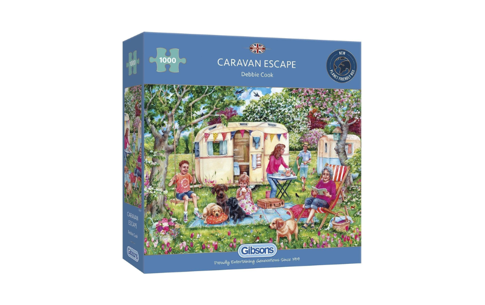 Gibsons Caravan Escape 1000 piece puzzle box featuring a colorful camping scene with a caravan
