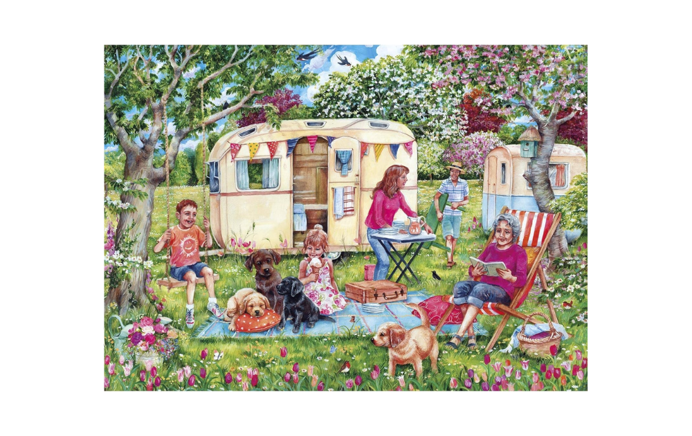 Gibsons Caravan Escape 1000 piece puzzle featuring a colorful camping scene with families and pets