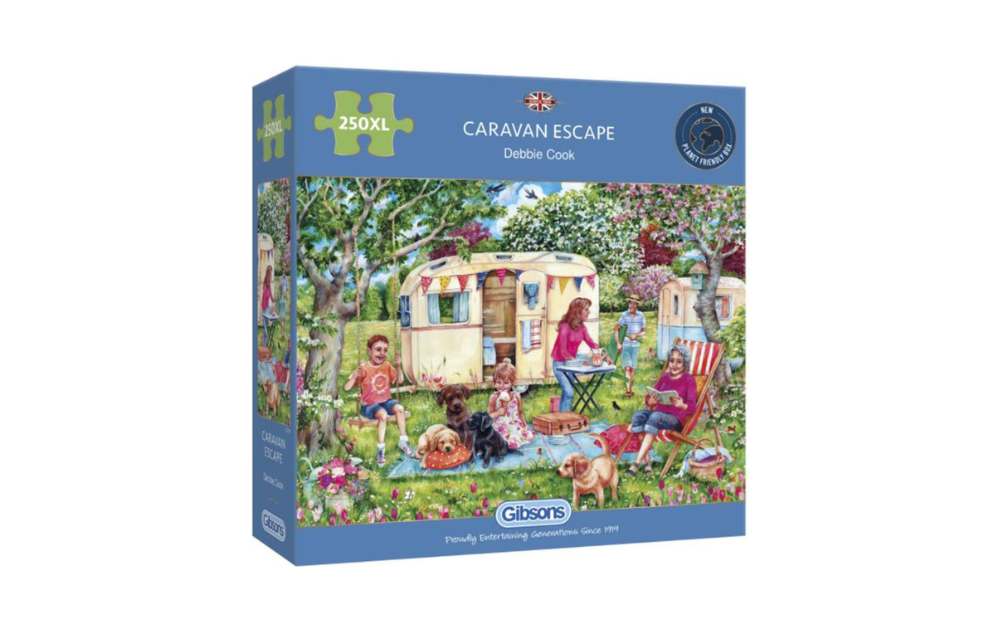 Gibsons Caravan Escape puzzle 250XL featuring a colorful camping scene with family and pets