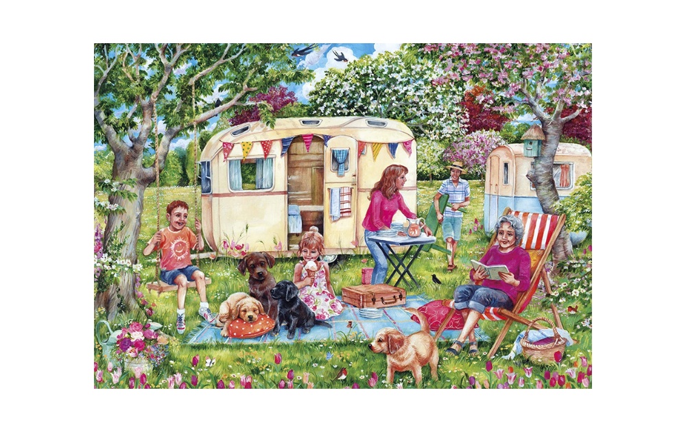 Gibsons Caravan Escape puzzle 250XL featuring a vibrant scene of camping with family and pets in nature