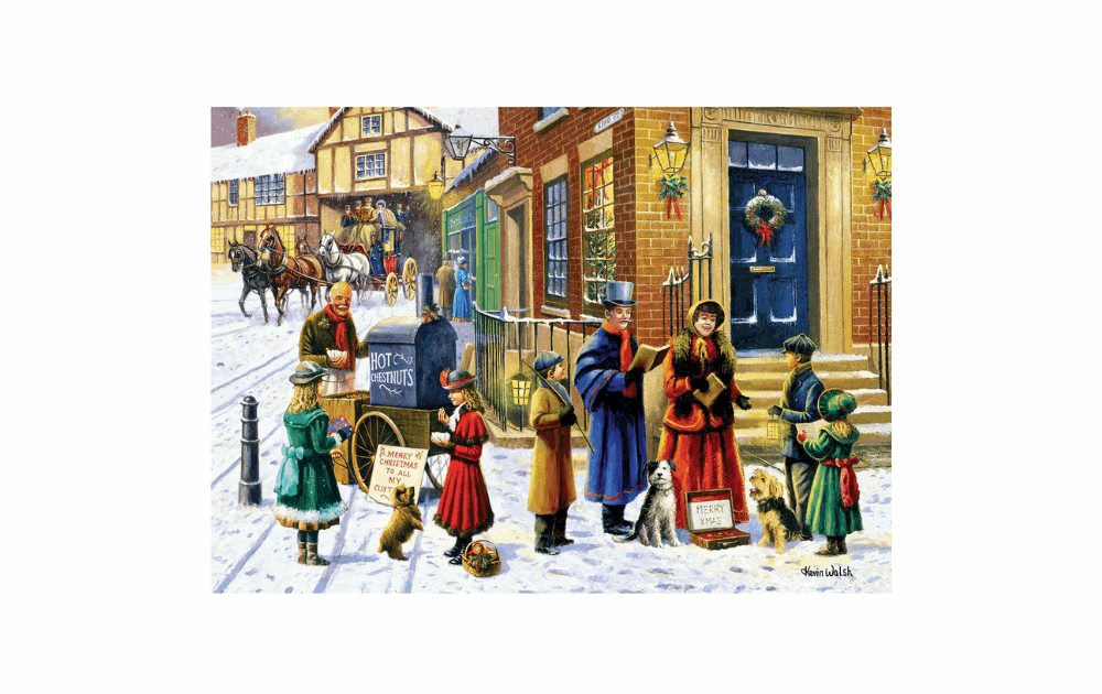 Gibsons Carol Singers jigsaw featuring a festive winter scene with carolers and pets in a snowy village