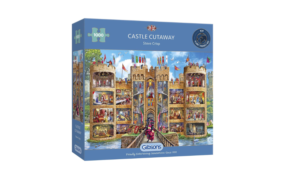 Gibsons Castle Cutaway puzzle 1000 pieces featuring a detailed castle illustration with vibrant colors