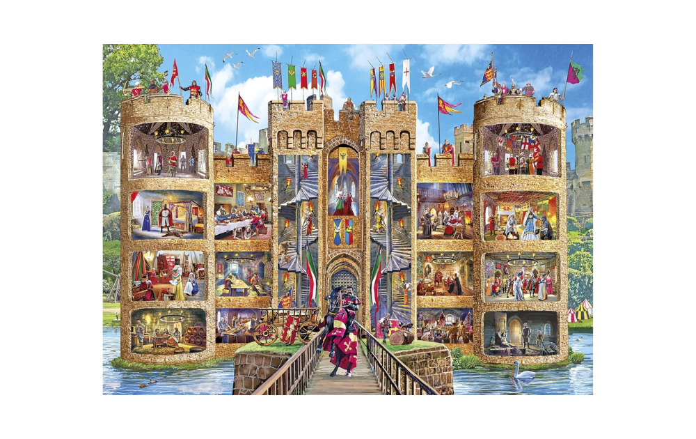 Gibsons Castle Cutaway puzzle 1000 pieces showcasing detailed castle scenes and characters.