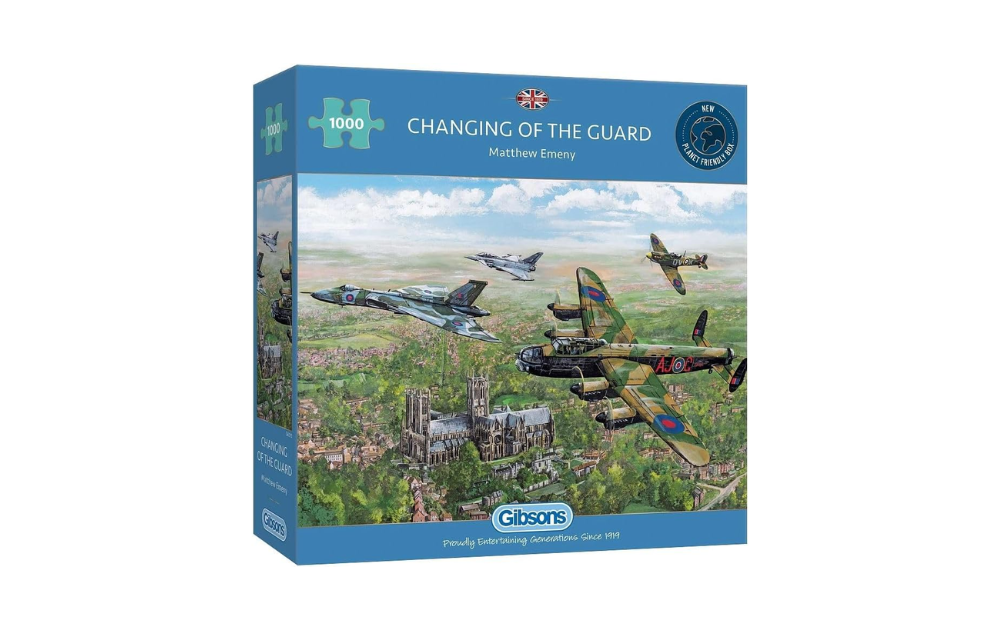 Gibsons Changing of the Guard jigsaw puzzle featuring historic aircraft over a scenic landscape