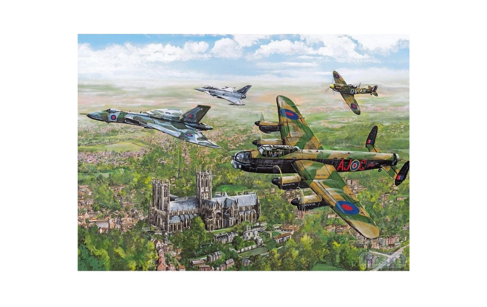 Gibsons Changing of the Guard jigsaw featuring historic aircraft flying over a scenic landscape