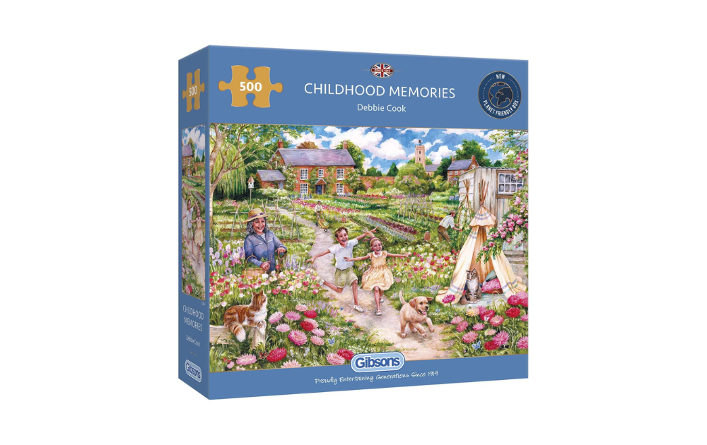 Gibsons Childhood Memories puzzle featuring a colorful garden scene with children and pets for family enjoyment
