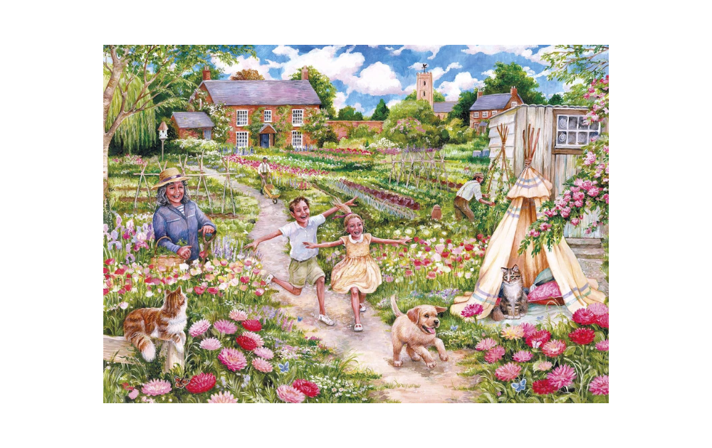 Gibsons Childhood Memories puzzle featuring children playing in a vibrant garden with a dog and flowers
