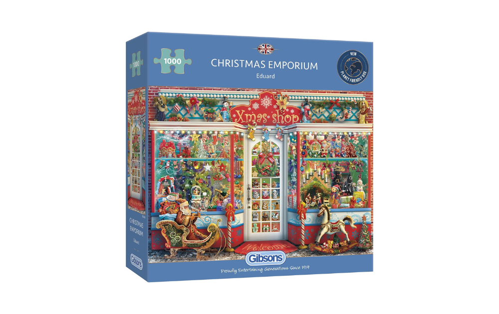 Gibsons Christmas Emporium jigsaw puzzle featuring a colorful festive shop scene with children and decorations