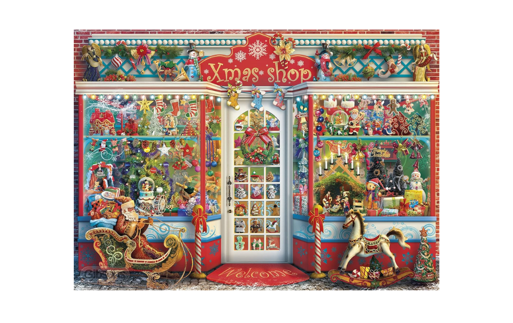 Gibsons Christmas Emporium jigsaw puzzle featuring a colorful holiday shop display with festive decorations