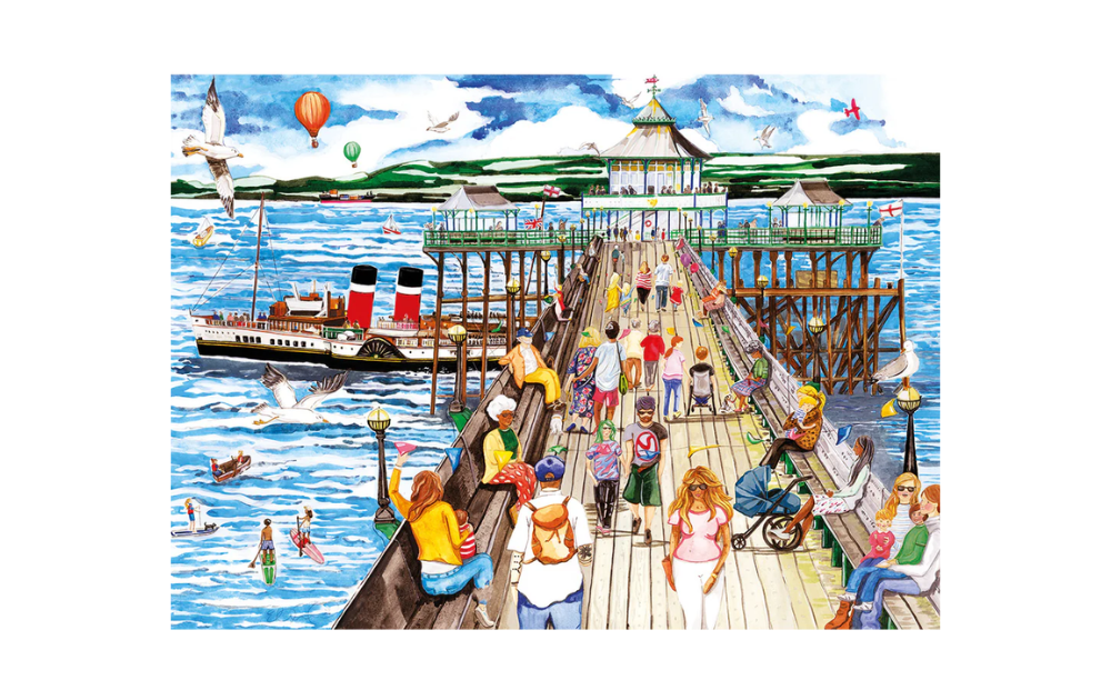 Gibsons Clevedon Pier jigsaw puzzle featuring vibrant scene of people enjoying the pier and seaside activities