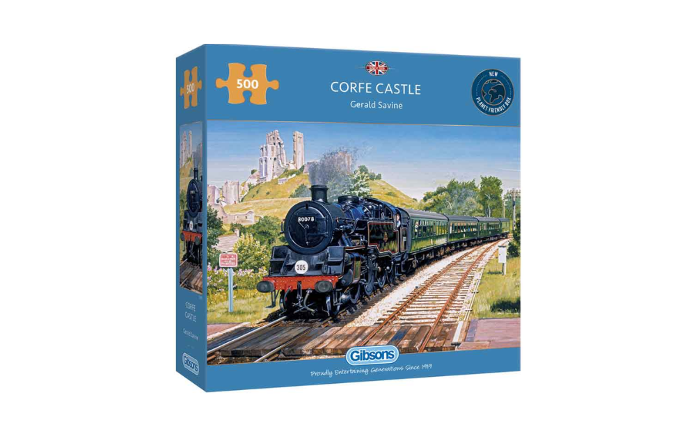 Gibsons Corfe Castle puzzle 500 pieces featuring a scenic train and castle landscape