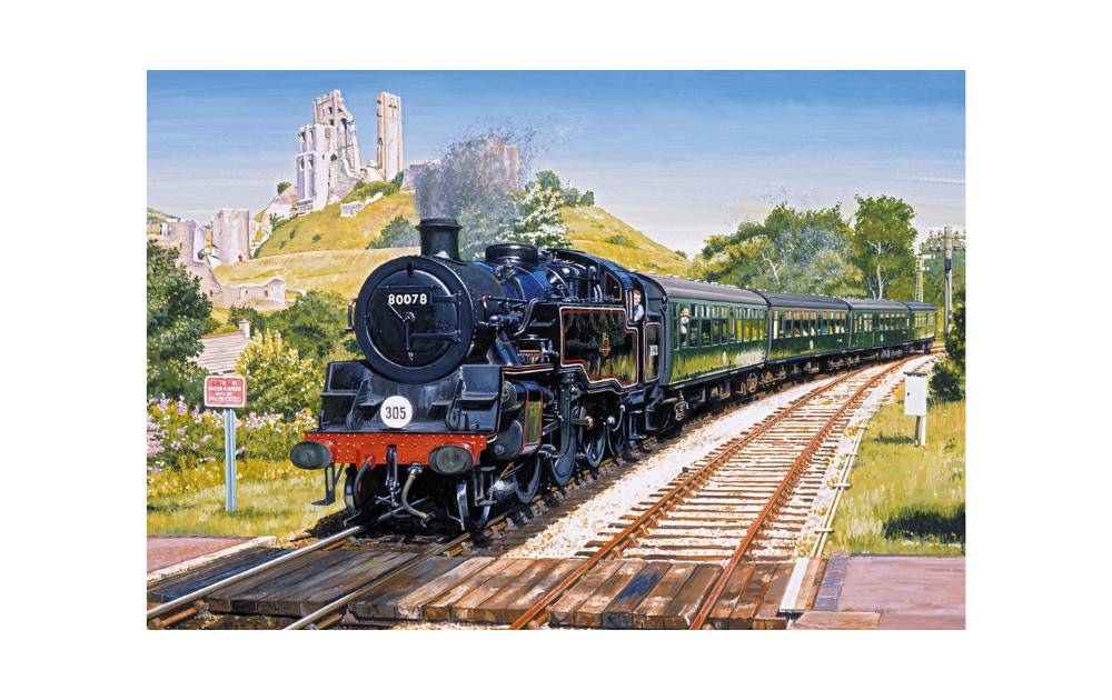 Gibsons Corfe Castle puzzle 500 pieces featuring a vintage steam train near the iconic castle ruins