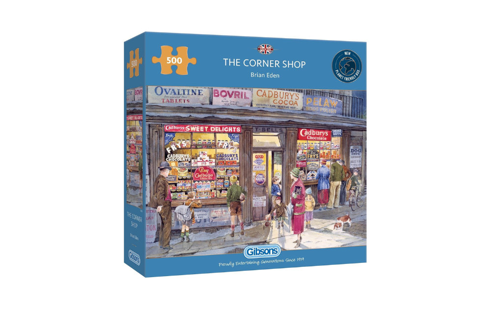 Gibsons Corner Shop jigsaw puzzle with colorful artwork featuring a bustling shop front
