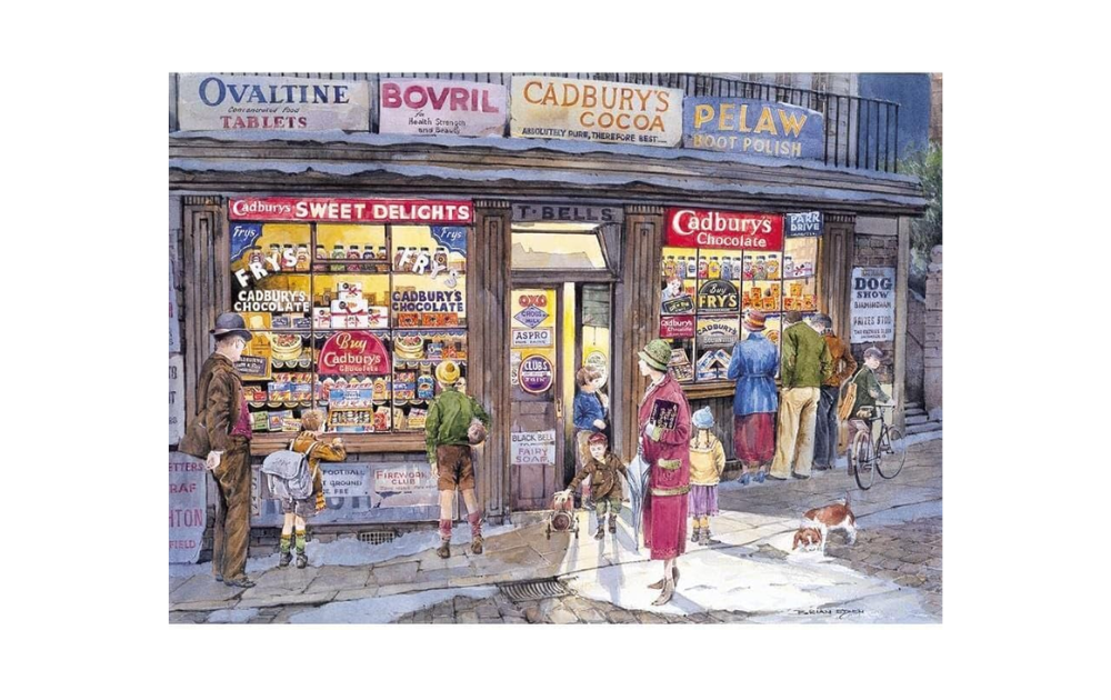 Gibsons Corner Shop jigsaw puzzle depicting a nostalgic storefront with sweets and treats on display