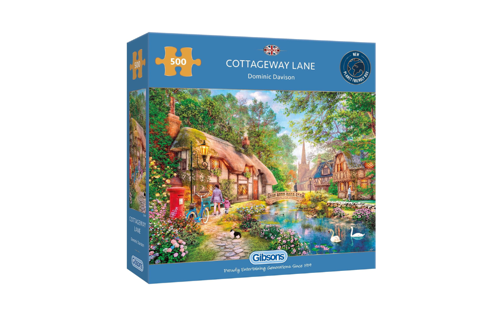 Cottageway Lane 500 piece puzzle by Gibsons featuring a charming village scene with cottages and a serene pond