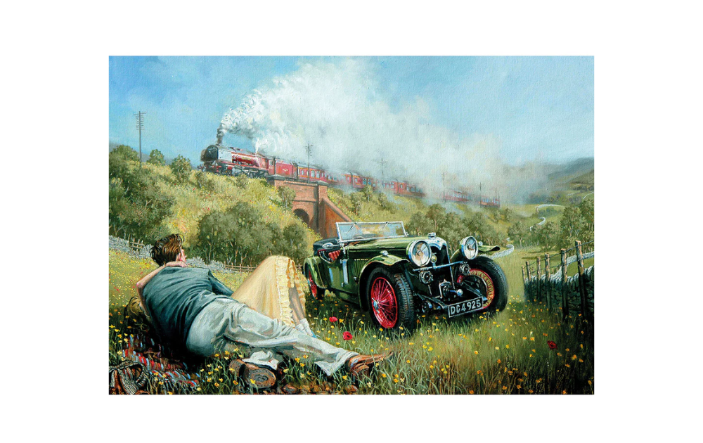 Gibsons Countryside Love puzzle 100XXL featuring a scenic landscape with a vintage car and steam train