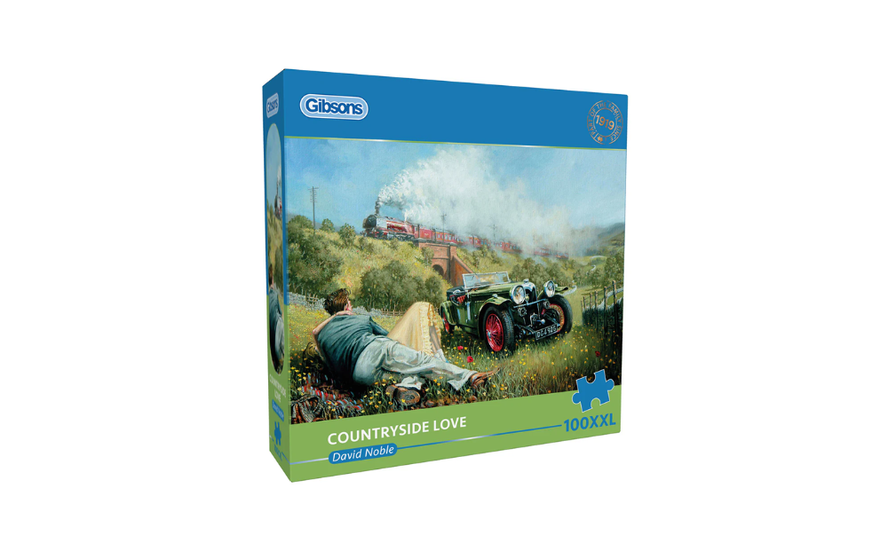 Gibsons Countryside Love puzzle 100XXL featuring a peaceful scene with a vintage car and a man relaxing