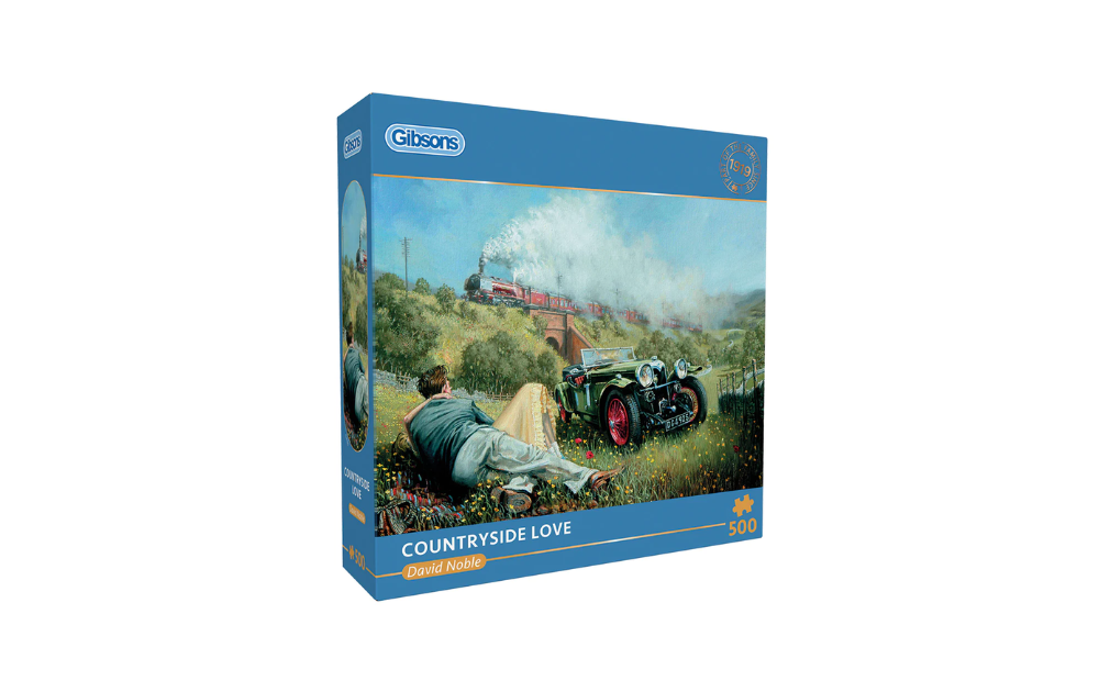Gibsons Countryside Love puzzle featuring a scenic landscape with a vintage car and train in the background