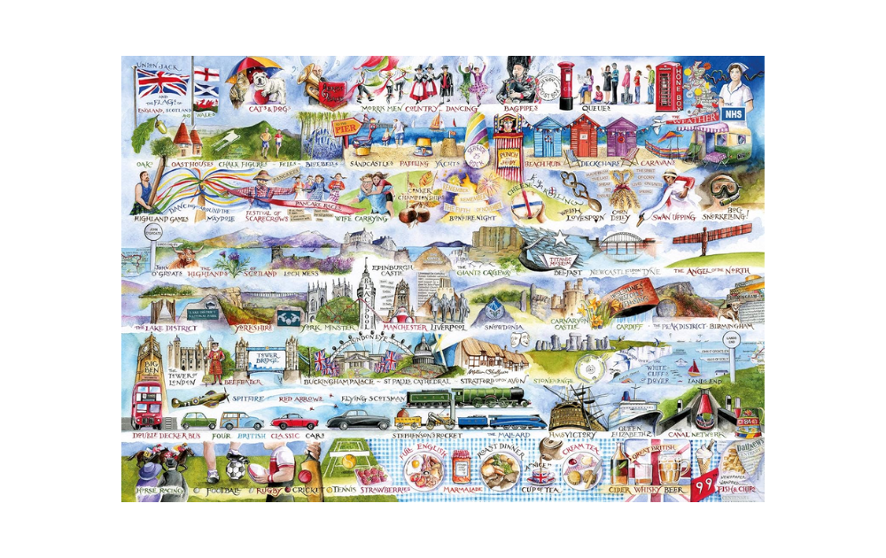 Gibsons Cream Teas and Queuing jigsaw featuring iconic British scenes and cultural references