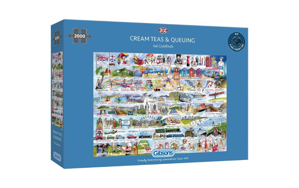 Gibsons Cream Teas and Queuing jigsaw puzzle featuring a vibrant illustration of British culture