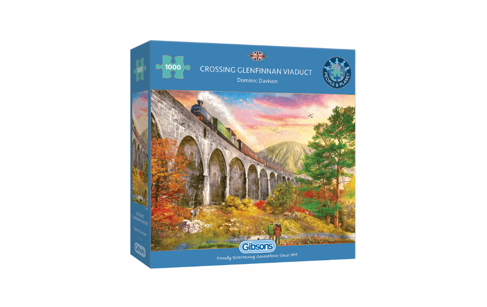 Gibsons 1000-piece Crossing Glenfinnan Viaduct puzzle featuring a steam train and scenic landscape