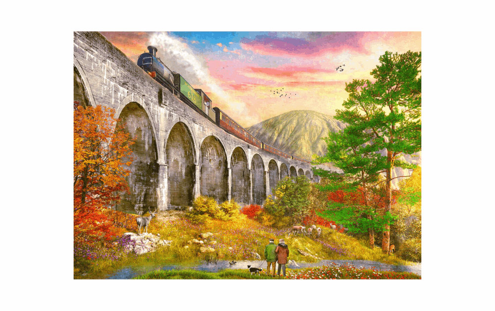 Gibsons Crossing Glenfinnan Viaduct puzzle featuring a scenic landscape with a steam train and autumn colors