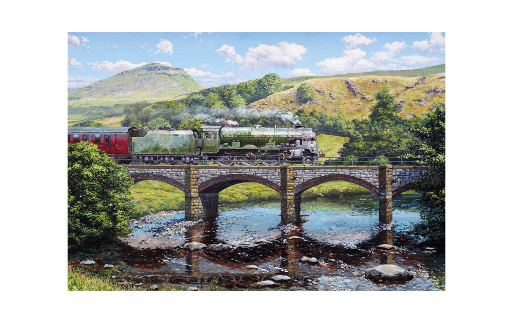 Gibsons Crossing the Ribble puzzle featuring a steam train crossing a scenic bridge with lush hills