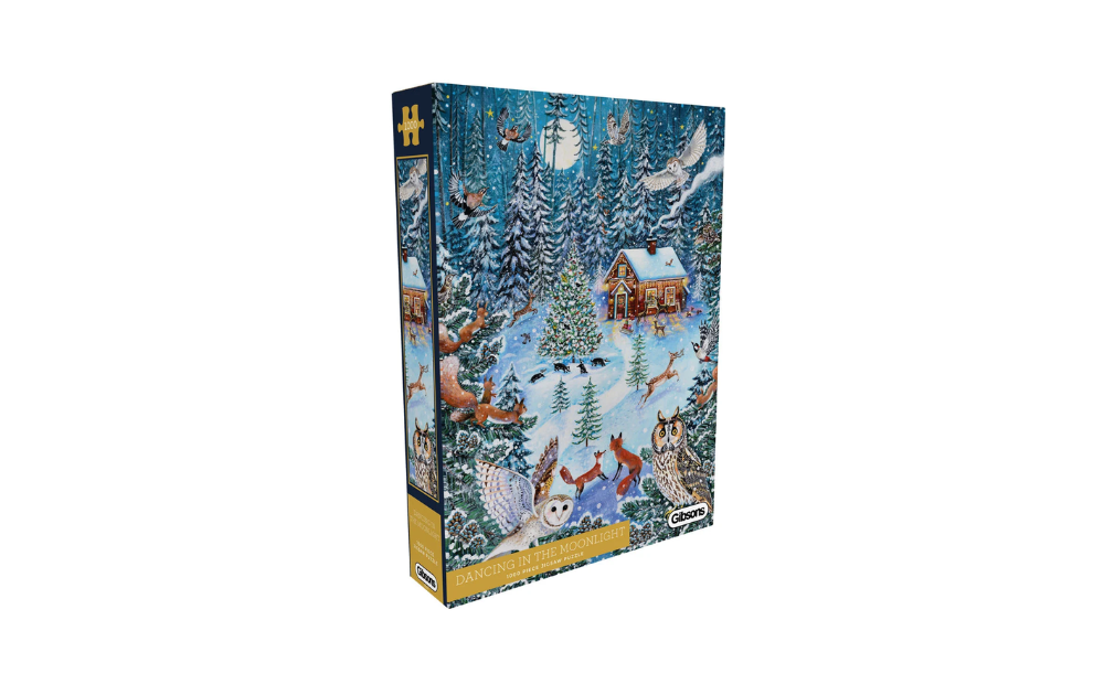 Dancing in the Moonlight 1000 Piece Jigsaw Puzzle by Gibsons featuring a snowy woodland scene with wildlife