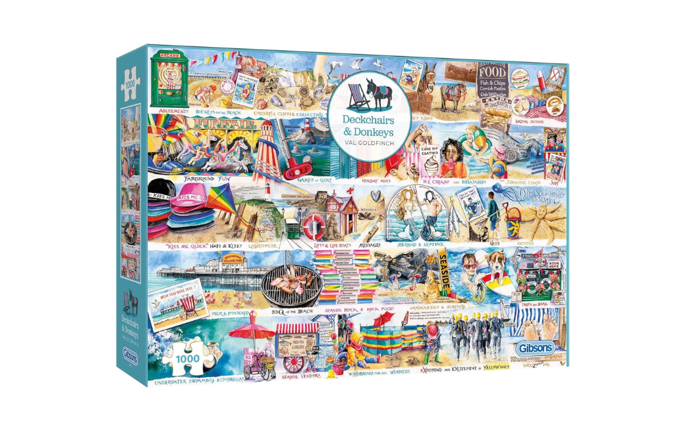 Gibsons Deckchairs and Donkeys puzzle featuring a colorful beach scene with various characters and activities