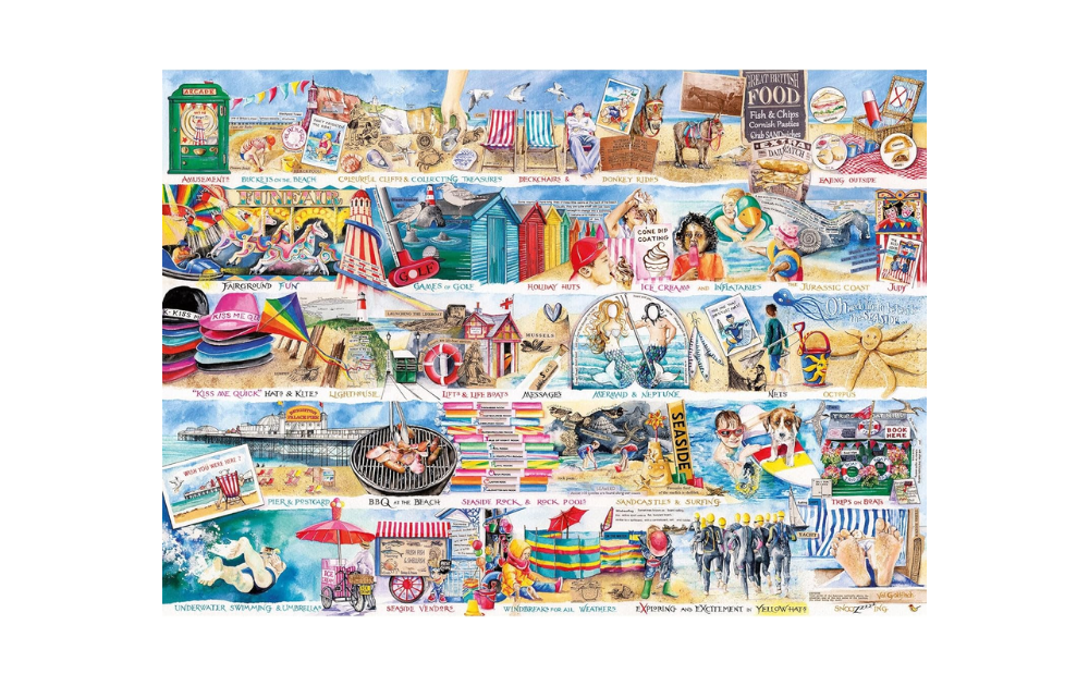 Gibsons Deckchairs and Donkeys puzzle featuring vibrant beach scenes and colorful illustrations