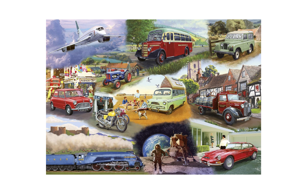 Gibsons dementia friendly puzzles featuring classic cars, landscapes, and nostalgic scenes for easy enjoyment