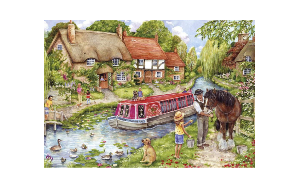 Gibsons Drifting Downstream puzzle featuring a picturesque scene with a canal, boathouse, and children playing