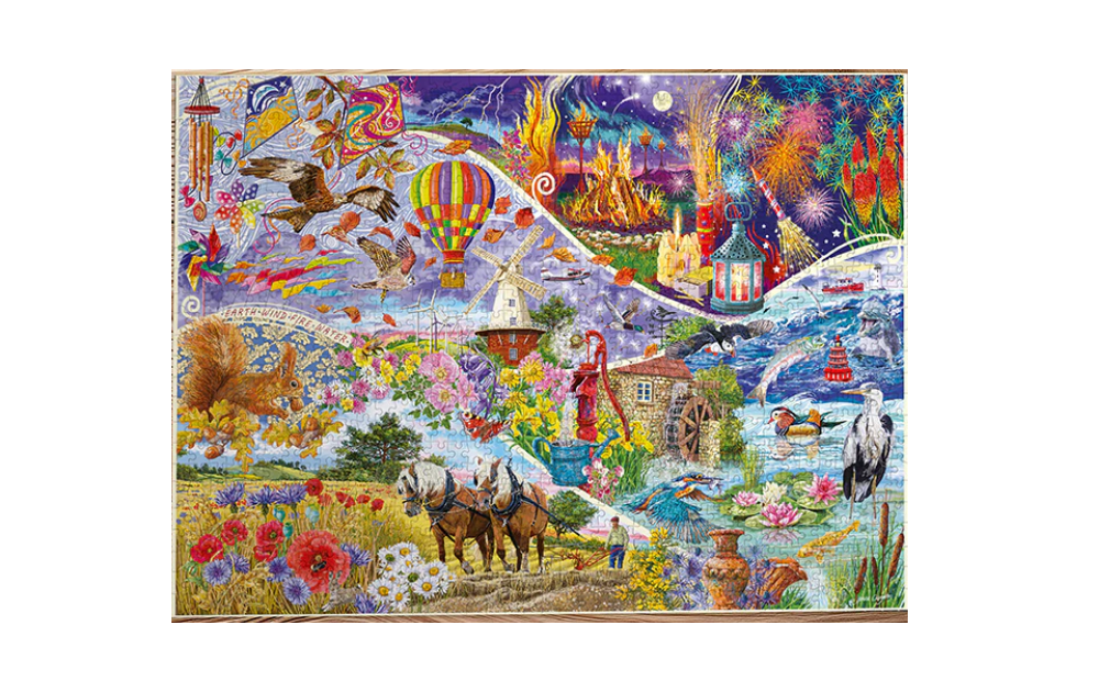 Elemental 1000 piece jigsaw puzzle. Gibsons colourful collage of landscapes with hot air balloon horses lighthouse and fireworks