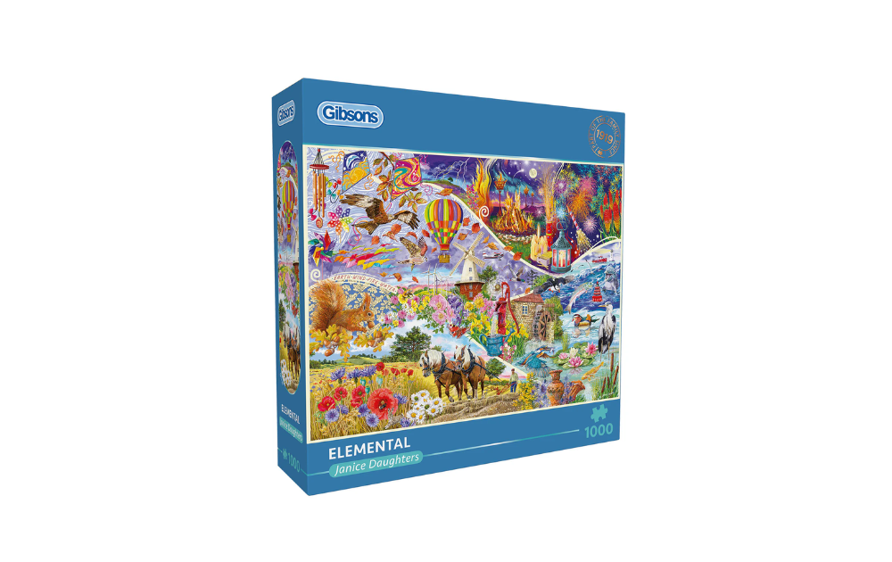 Gibsons Elemental 1000 piece jigsaw puzzle. Box showing colourful seasonal scenes with horses and hot air balloons