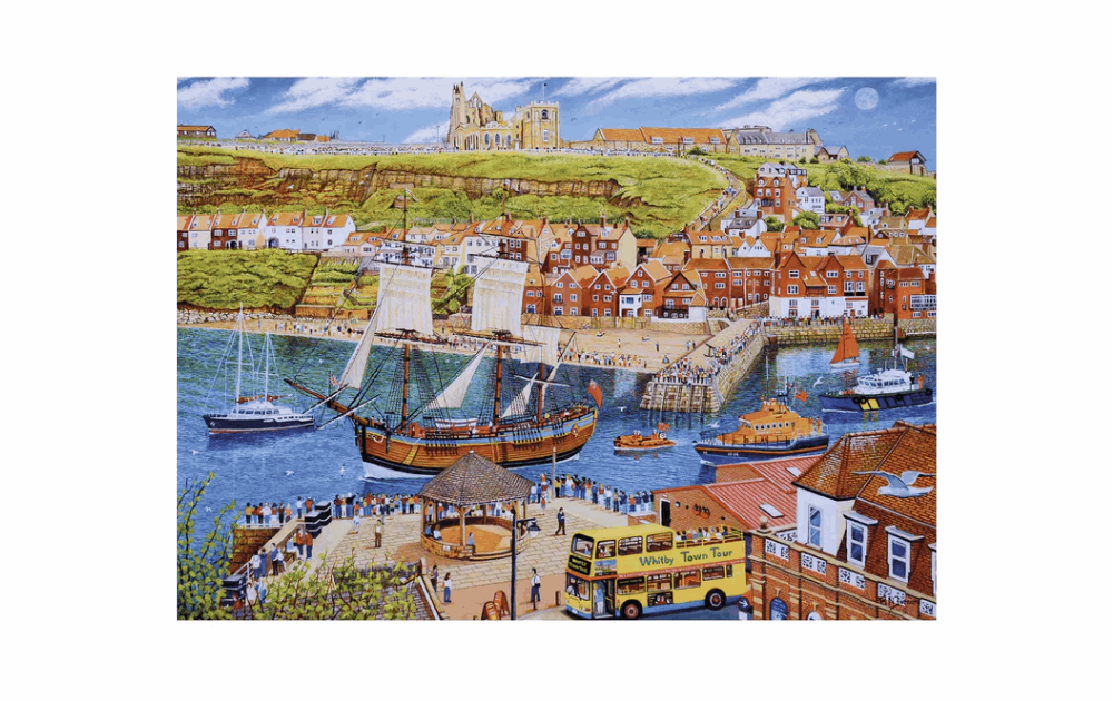 Gibsons Endeavour Whitby puzzle depicting a scenic view of Whitby harbor with ships and coastal scenery