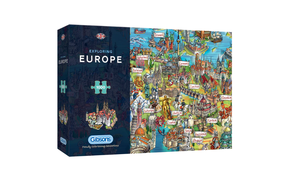 Gibsons Exploring Europe puzzle 1000 pieces featuring colorful map illustrations of European landmarks