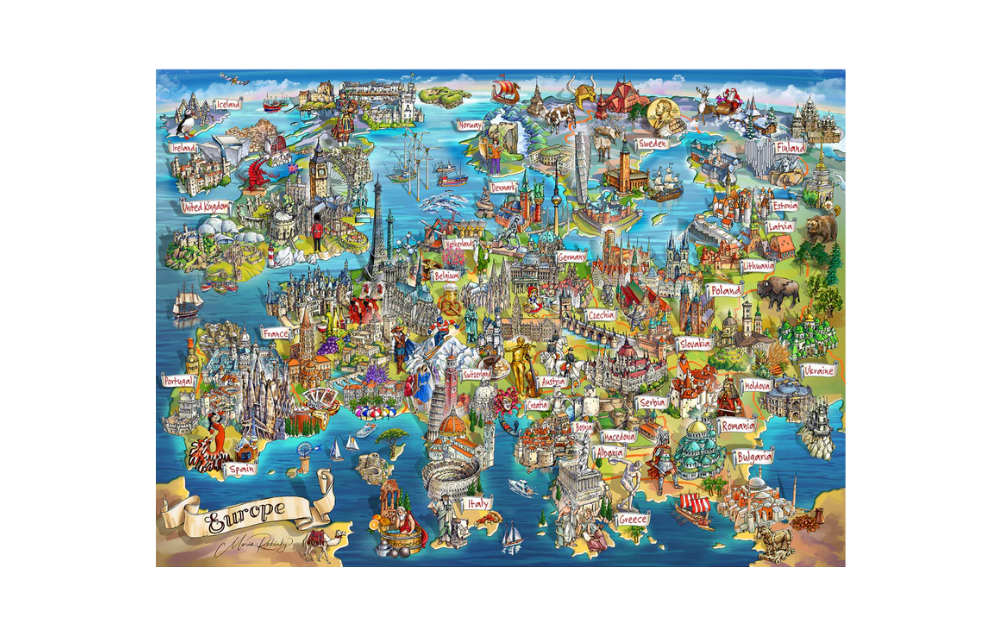 Gibsons Exploring Europe puzzle 1000 pieces featuring a colorful illustrated European map