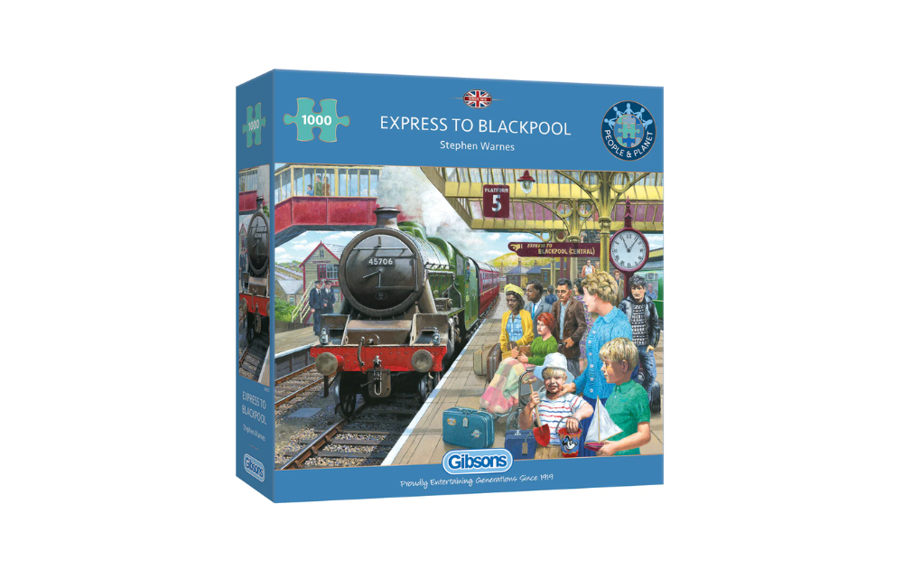 Gibsons Express to Blackpool puzzle featuring a classic steam train at a bustling station