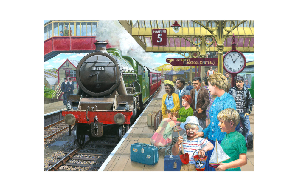 Gibsons Express to Blackpool puzzle depicting a vintage train station scene with travelers and luggage