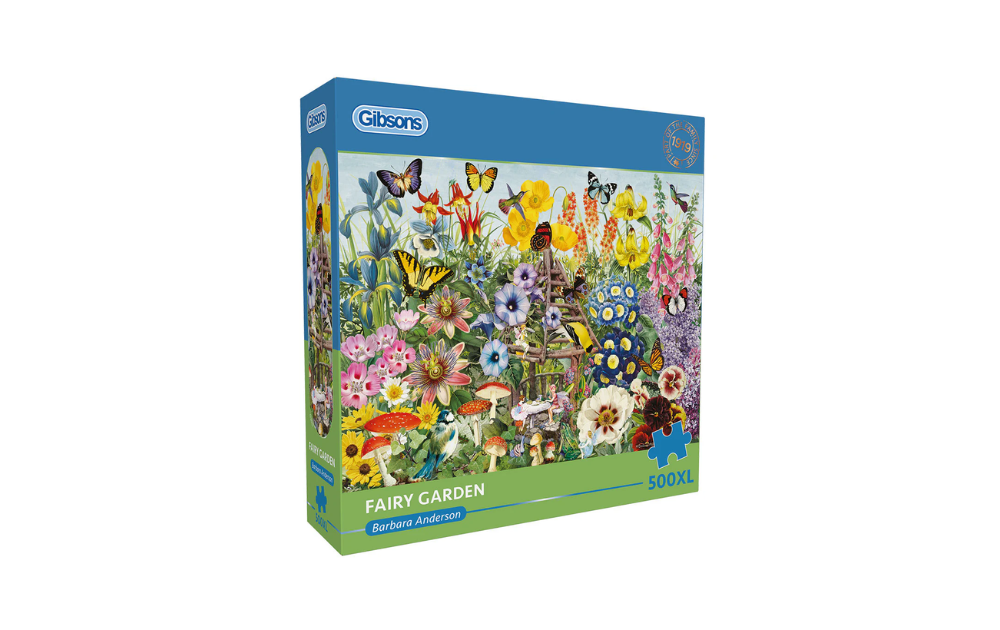 Gibsons Fairy Garden jigsaw puzzle featuring vibrant flowers and butterflies in a colorful scene