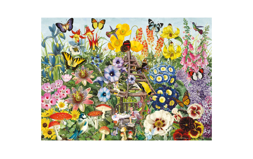 Gibsons Fairy Garden jigsaw puzzle featuring vibrant flowers, butterflies, and a whimsical garden scene