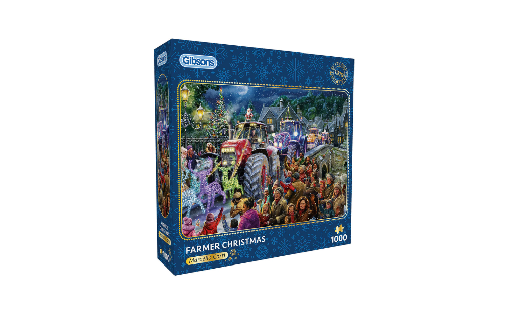 Gibsons Farmer Christmas jigsaw puzzle 1000 pieces boxed image showing festive tractor parade crowd and snowy village