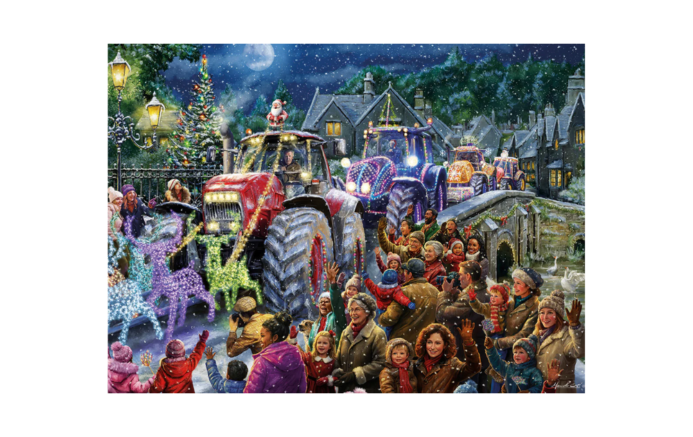 Gibsons Farmer Christmas jigsaw puzzle 1000 pieces showing snowy village parade with decorated tractors Santa and crowd
