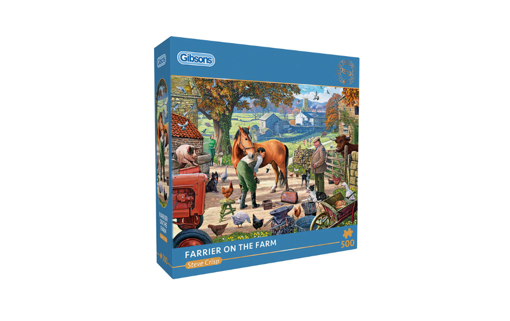 Gibsons Farrier on the Farm puzzle featuring a colorful 500-piece farm scene with animals and farming activities