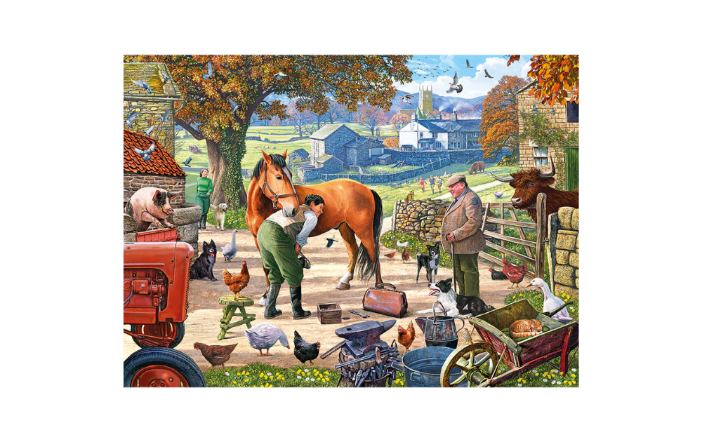 Gibsons Farrier on the Farm puzzle showcasing a vibrant farm scene with horses and farm animals